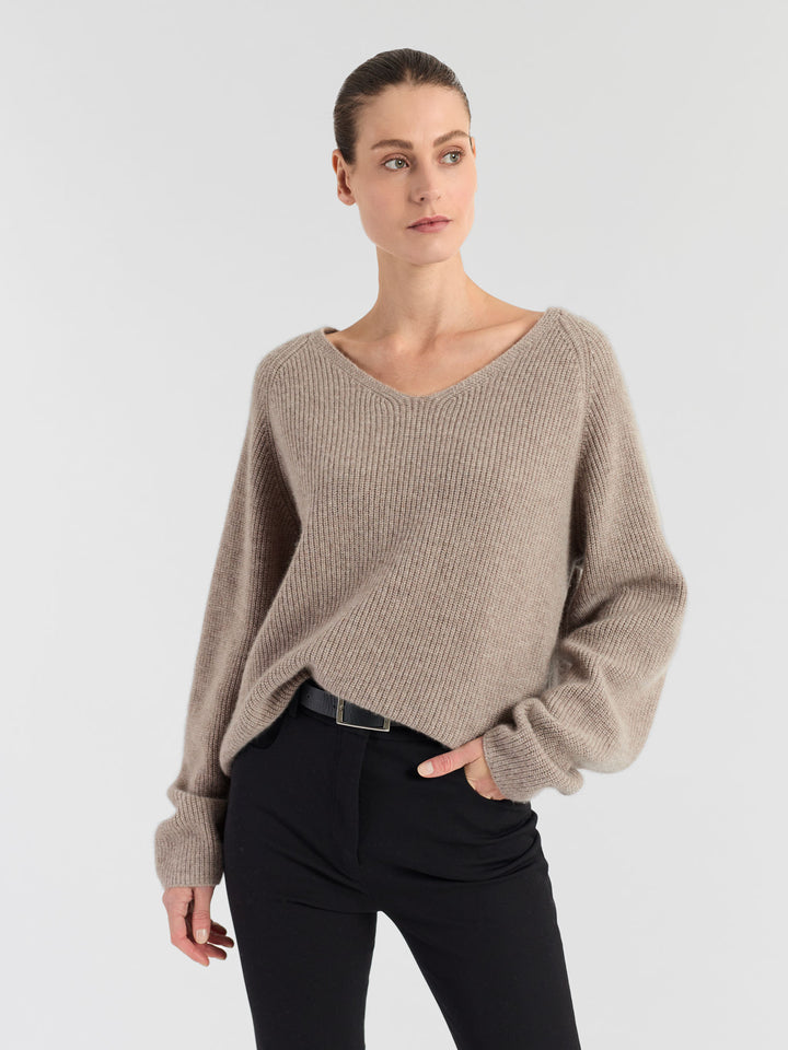 Cashmere sweater, long sleeved, rib knit, 100% pure cashmere, non itching, supersoft, warm, toast, brown