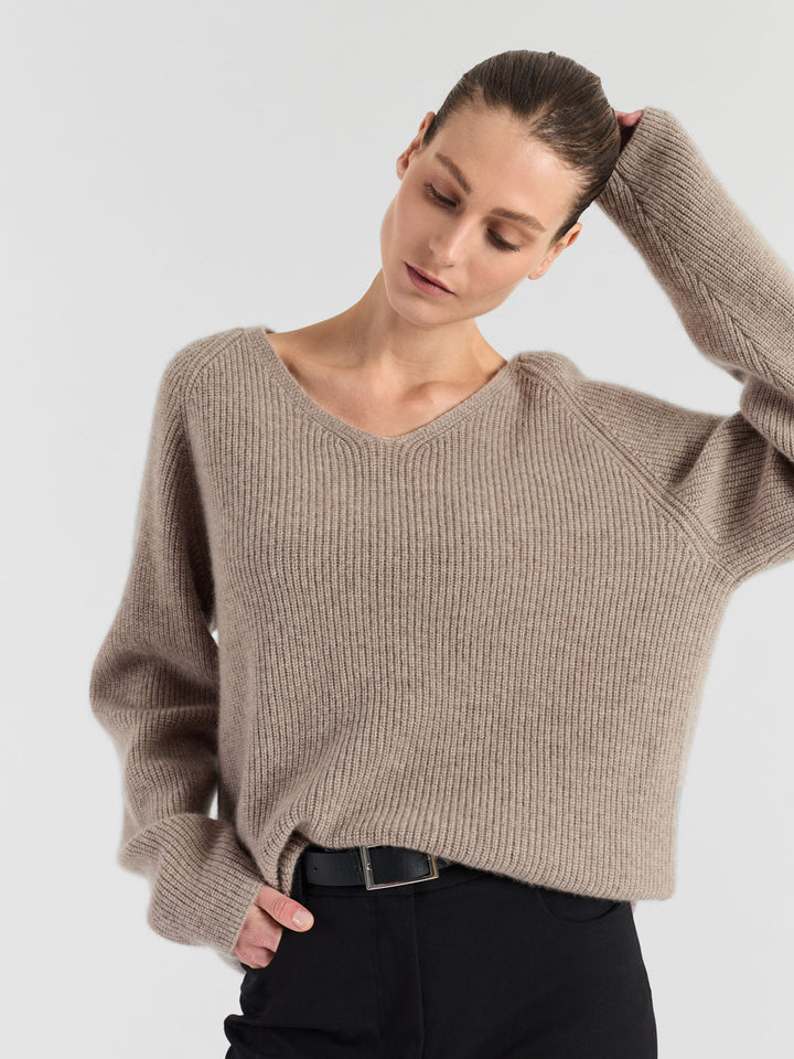 Cashmere sweater, long sleeved, rib knit, 100% pure cashmere, non itching, supersoft, warm, toast, brown