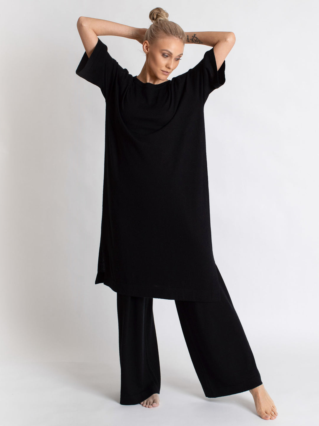 Anona Tall Mid Rise Modal Cashmere Blend Trousers in Black